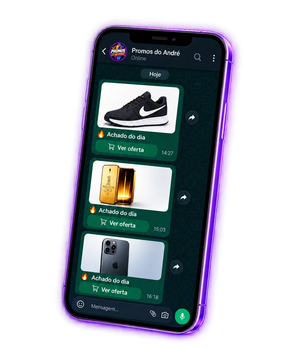 Exemplo ilustrativo do grupo Promos do André no WhatsApp, com ofertas de tênis, perfume e celular